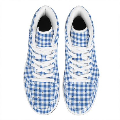 Sapphire Blue Check Pattern Print High Top Leather Sneakers