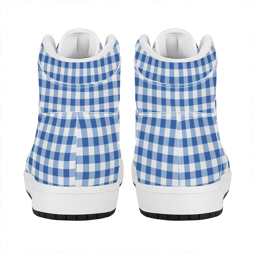 Sapphire Blue Check Pattern Print High Top Leather Sneakers
