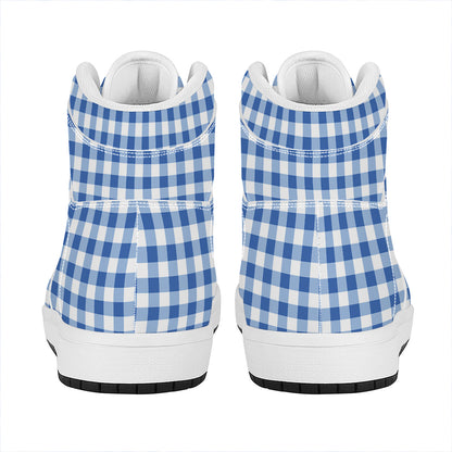 Sapphire Blue Check Pattern Print High Top Leather Sneakers