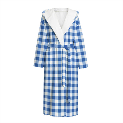 Sapphire Blue Check Pattern Print Hooded Bathrobe