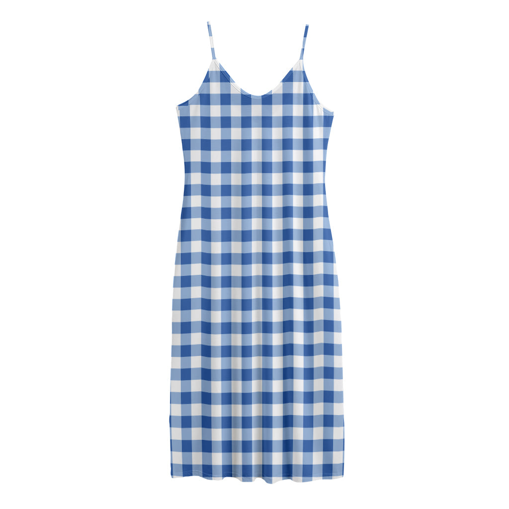 Sapphire Blue Check Pattern Print Jersey Midi Cami Dress