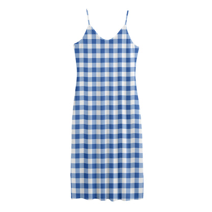 Sapphire Blue Check Pattern Print Jersey Midi Cami Dress