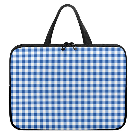 Sapphire Blue Check Pattern Print Laptop Sleeve With Handle