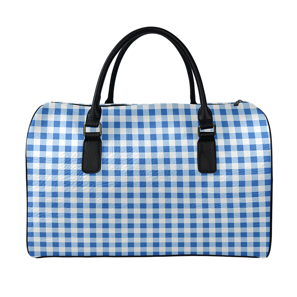 Sapphire Blue Check Pattern Print Leather Duffle Bag