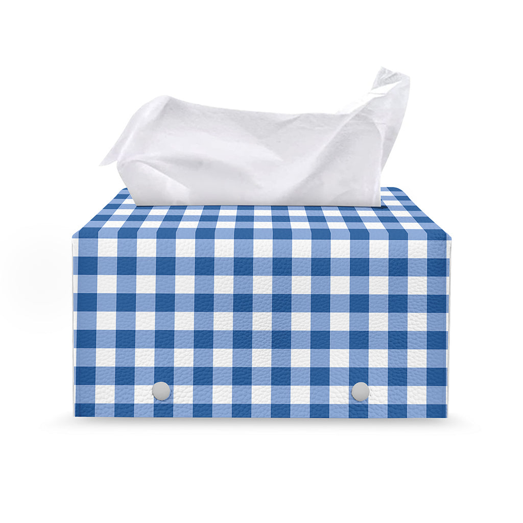Sapphire Blue Check Pattern Print Leather Tissue Box Cover