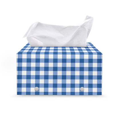 Sapphire Blue Check Pattern Print Leather Tissue Box Cover