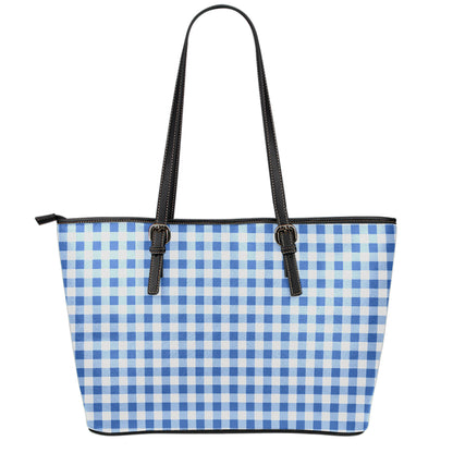 Sapphire Blue Check Pattern Print Leather Tote Bag