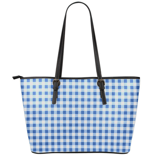Sapphire Blue Check Pattern Print Leather Tote Bag
