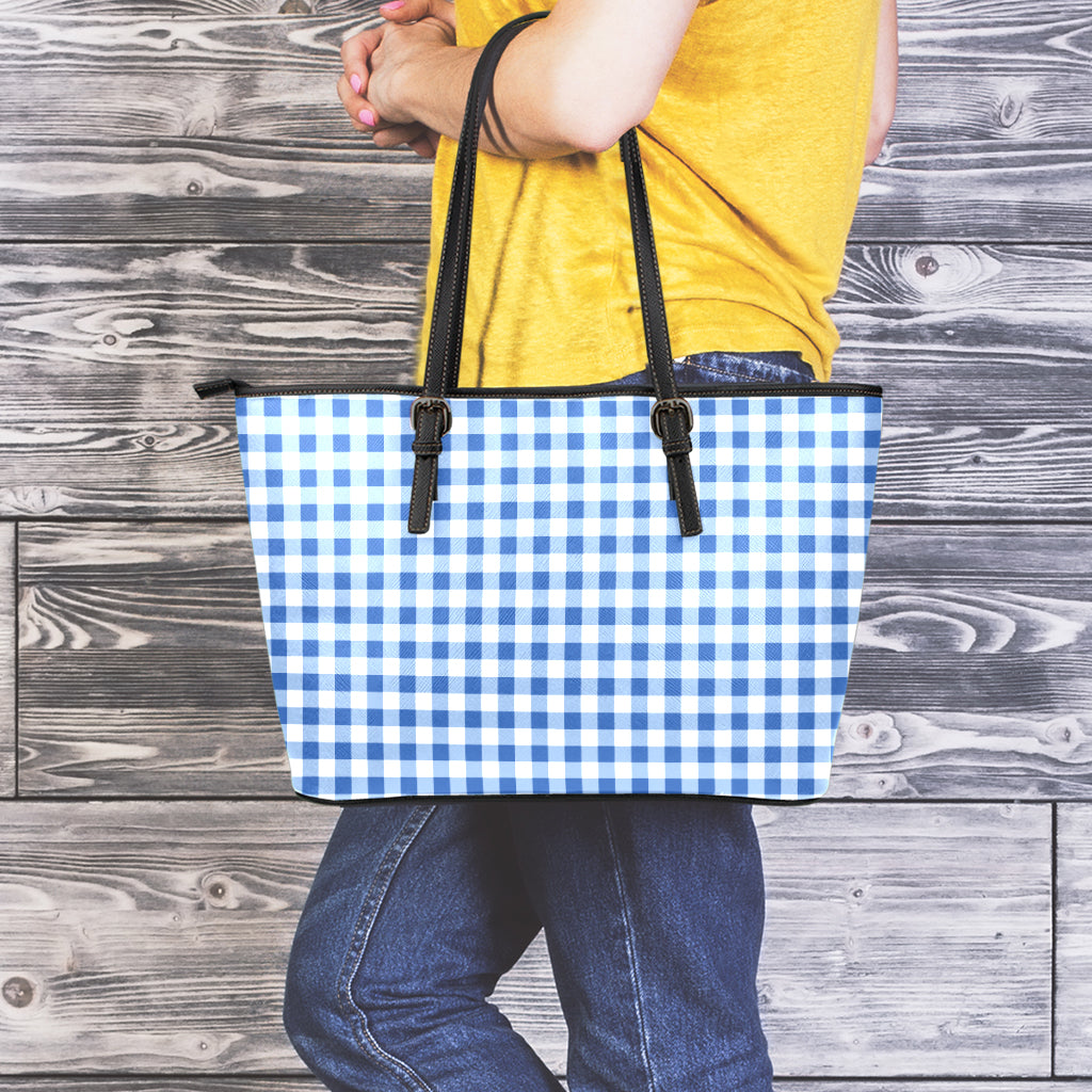 Sapphire Blue Check Pattern Print Leather Tote Bag