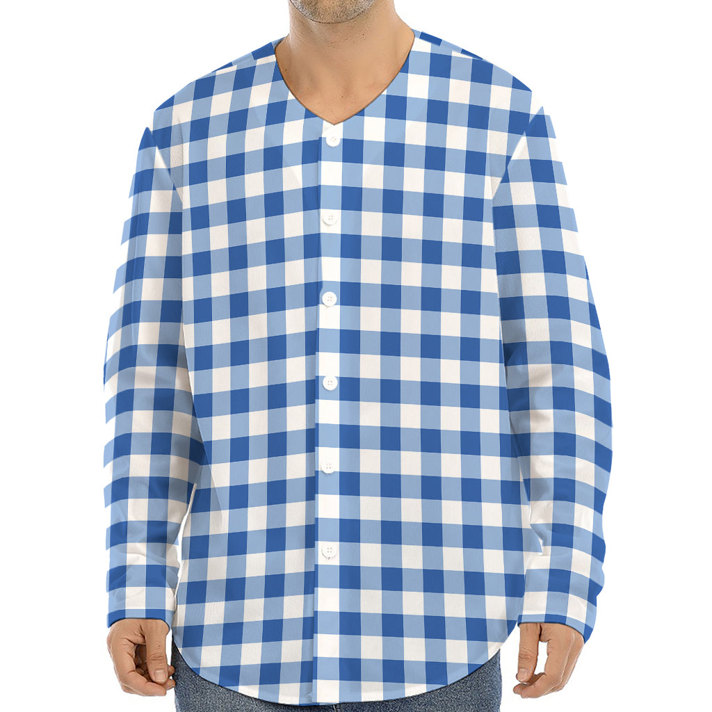 Sapphire Blue Check Pattern Print Long Sleeve Baseball Jersey