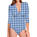 Sapphire Blue Check Pattern Print Long Sleeve Swimsuit