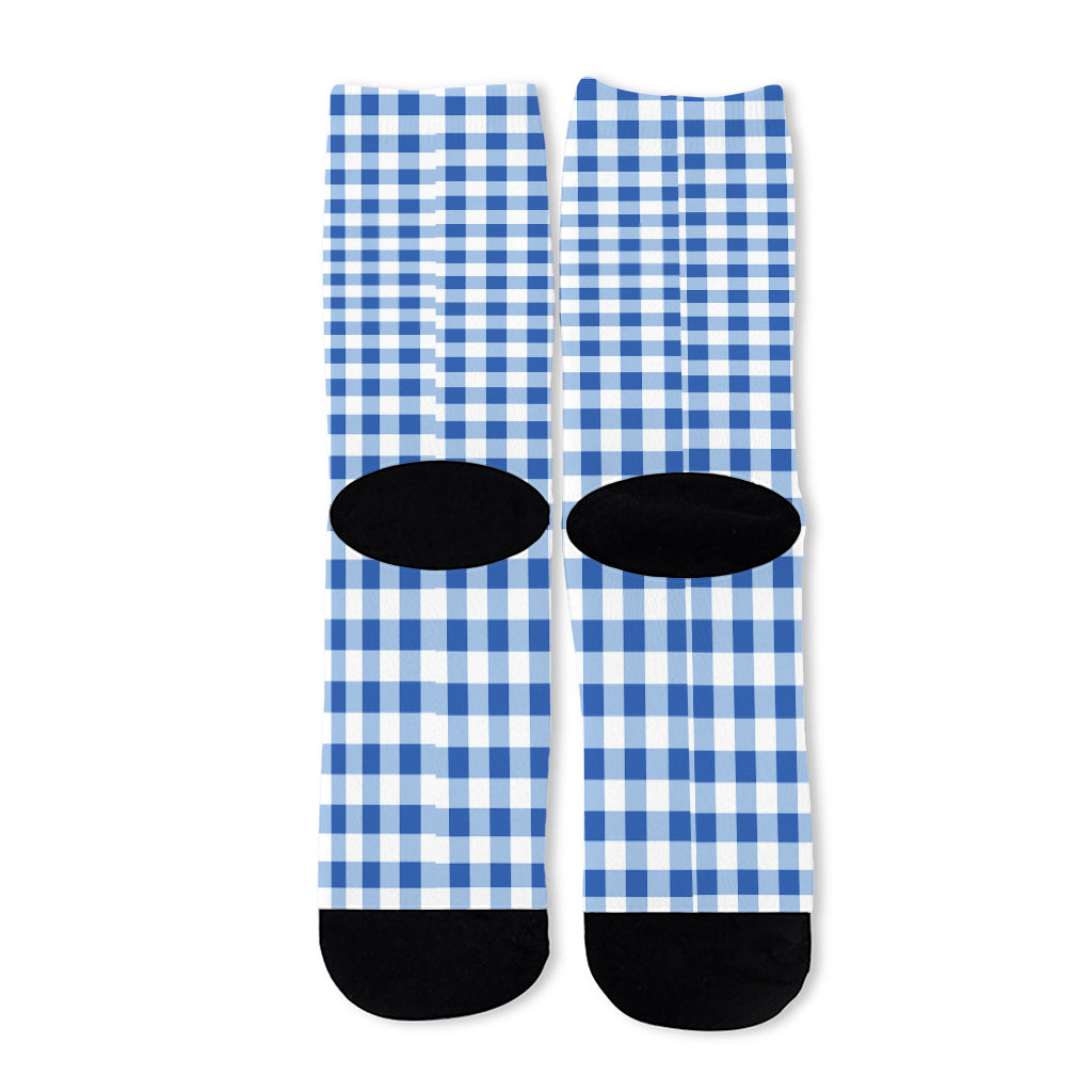 Sapphire Blue Check Pattern Print Long Socks