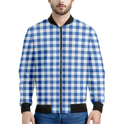 Sapphire Blue Check Pattern Print Men's Bomber Jacket