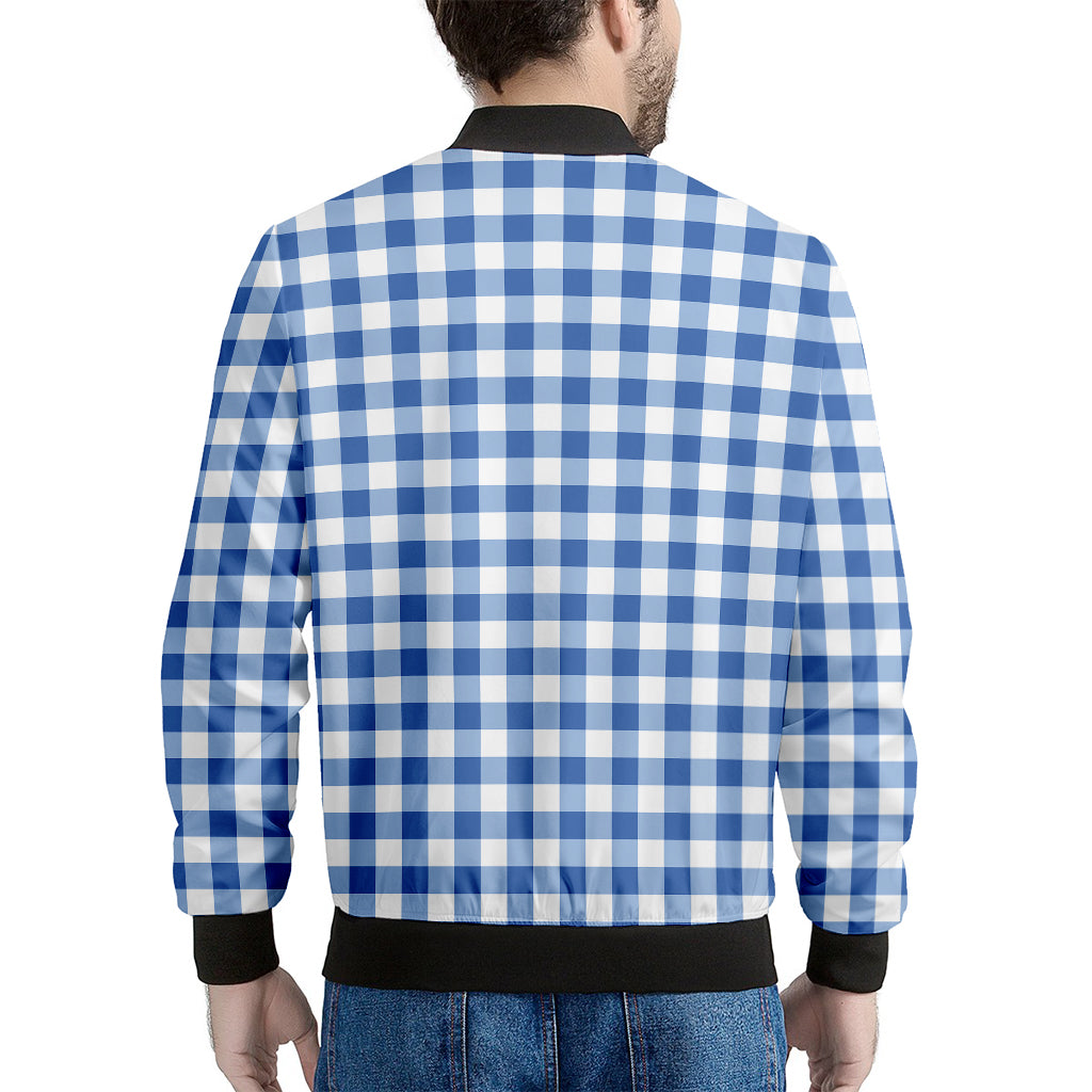 Sapphire Blue Check Pattern Print Men's Bomber Jacket