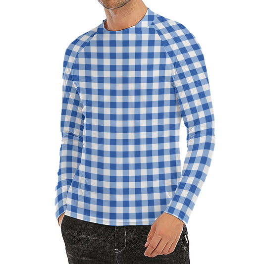 Sapphire Blue Check Pattern Print Men's Long Sleeve Rash Guard