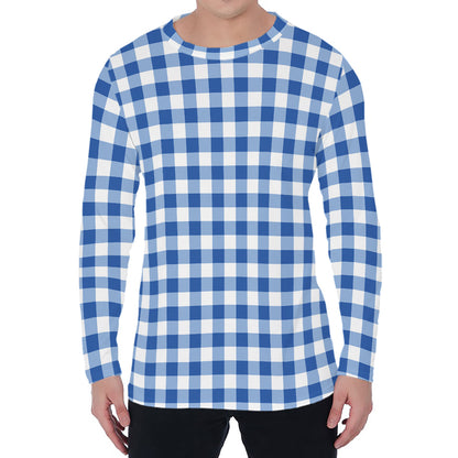 Sapphire Blue Check Pattern Print Men's Long Sleeve T-Shirt
