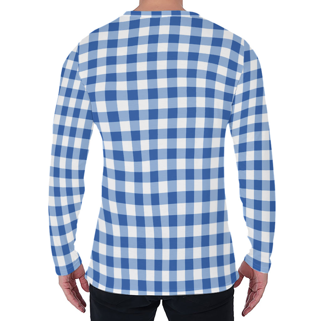 Sapphire Blue Check Pattern Print Men's Long Sleeve T-Shirt