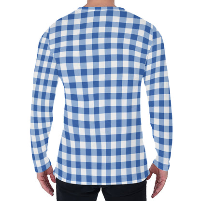 Sapphire Blue Check Pattern Print Men's Long Sleeve T-Shirt