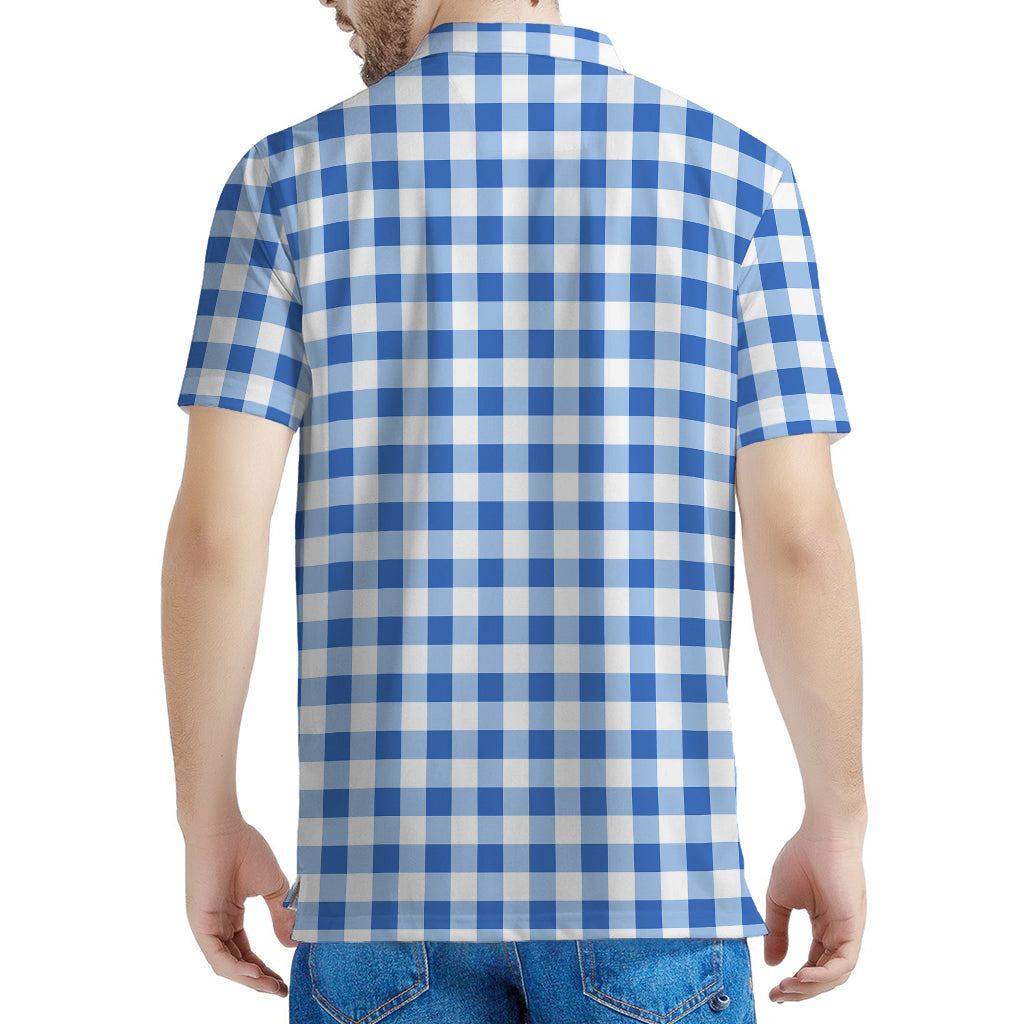 Sapphire Blue Check Pattern Print Men's Polo Shirt