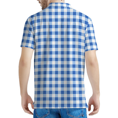 Sapphire Blue Check Pattern Print Men's Polo Shirt