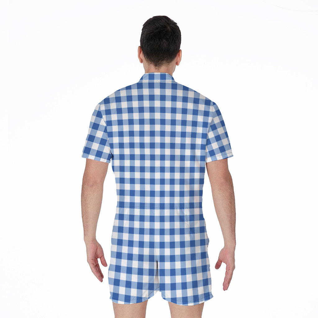 Sapphire Blue Check Pattern Print Men's Rompers