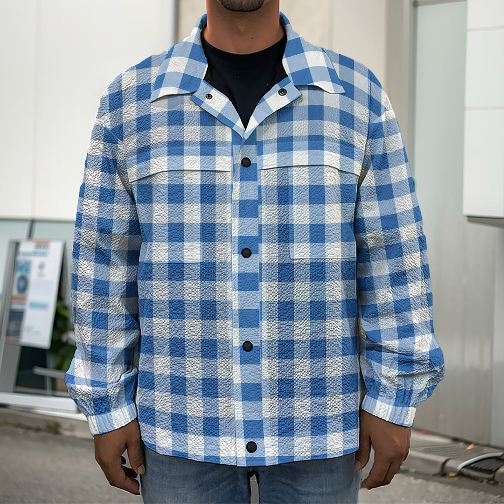 Sapphire Blue Check Pattern Print Men's Shirt Jacket