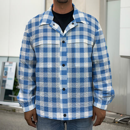 Sapphire Blue Check Pattern Print Men's Shirt Jacket