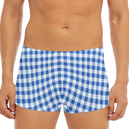 Sapphire Blue Check Pattern Print Men's Short Boxer Briefs