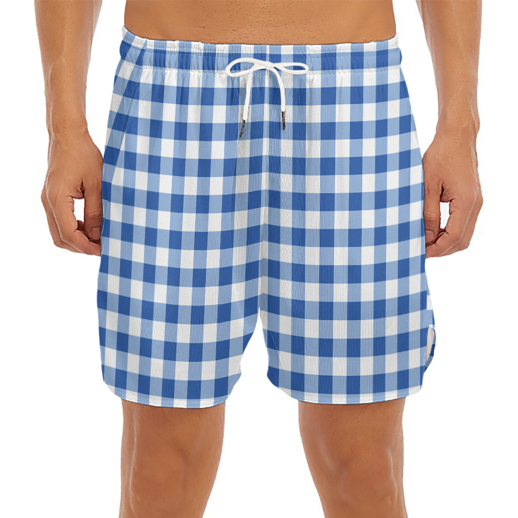 Sapphire Blue Check Pattern Print Men's Split Running Shorts