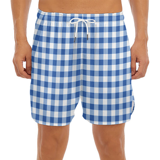 Sapphire Blue Check Pattern Print Men's Split Running Shorts