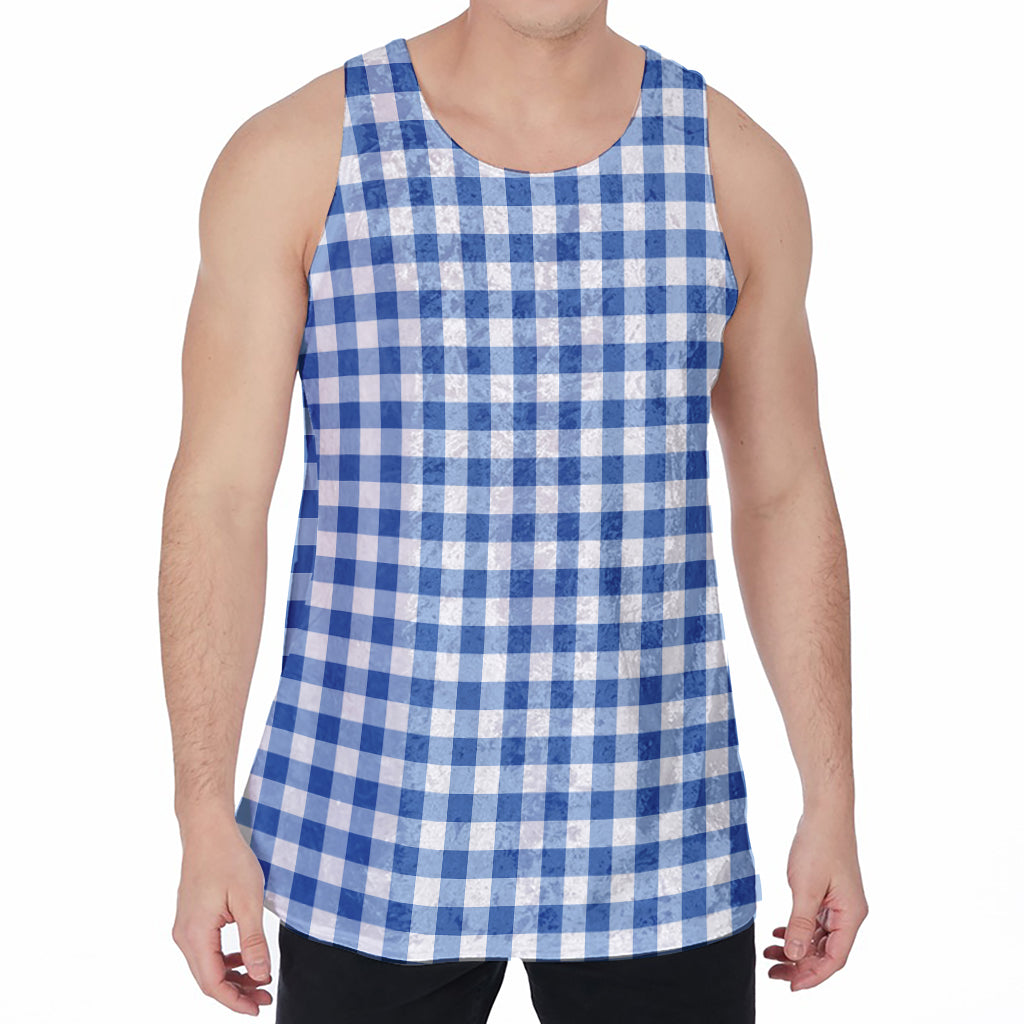 Sapphire Blue Check Pattern Print Men's Velvet Tank Top
