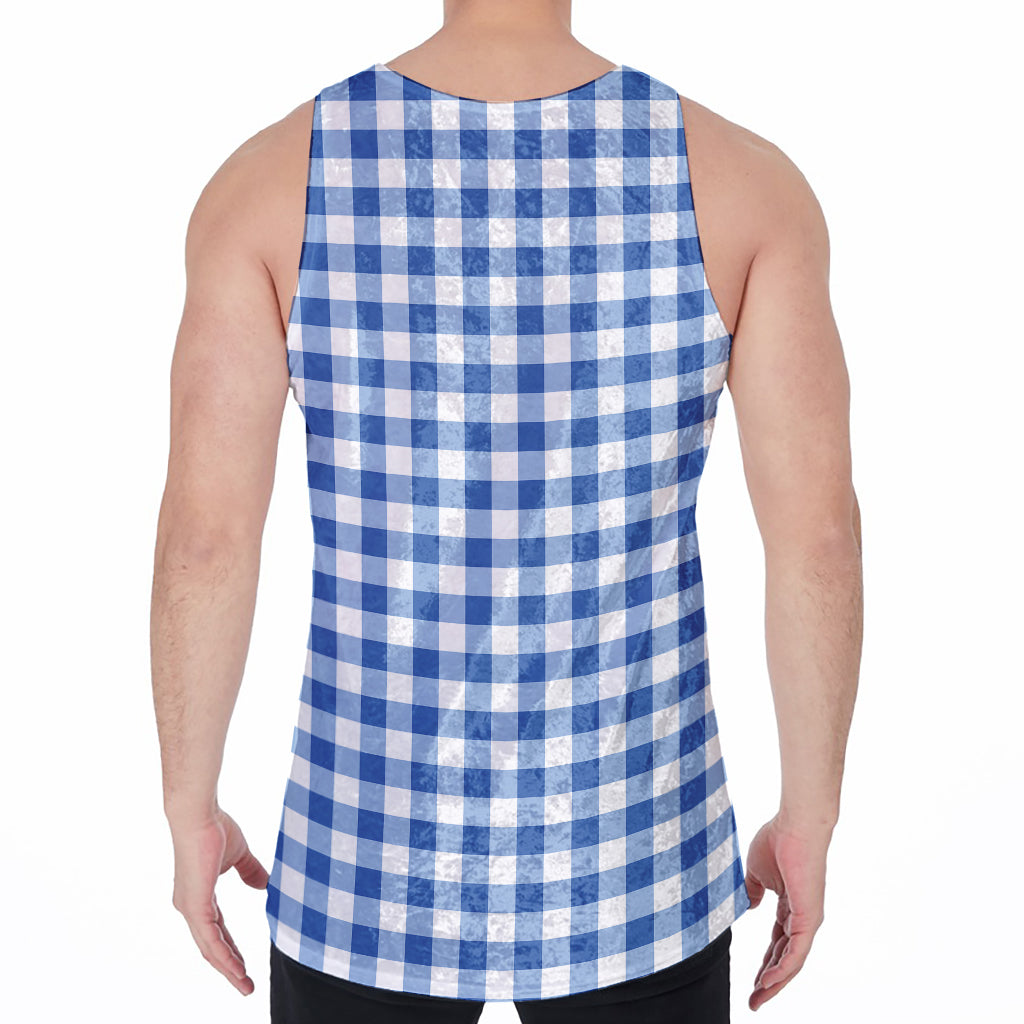 Sapphire Blue Check Pattern Print Men's Velvet Tank Top