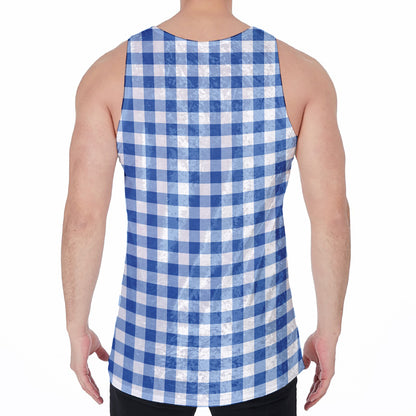 Sapphire Blue Check Pattern Print Men's Velvet Tank Top