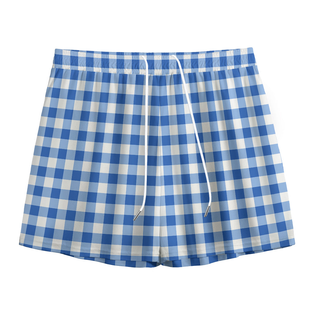Sapphire Blue Check Pattern Print Mesh Shorts