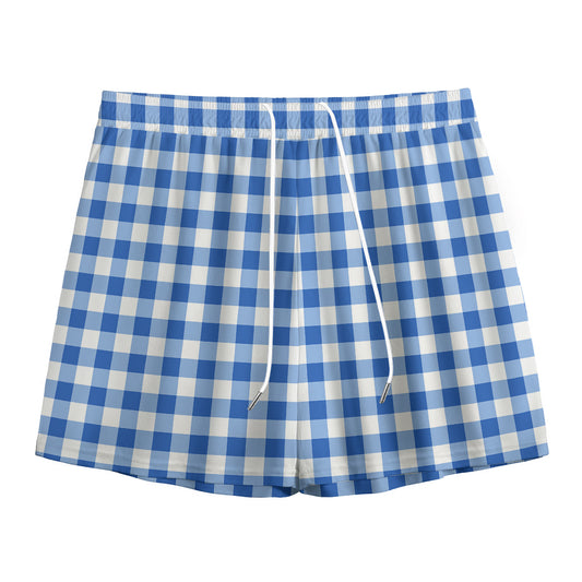 Sapphire Blue Check Pattern Print Mesh Shorts