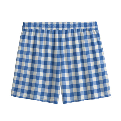 Sapphire Blue Check Pattern Print Mesh Shorts