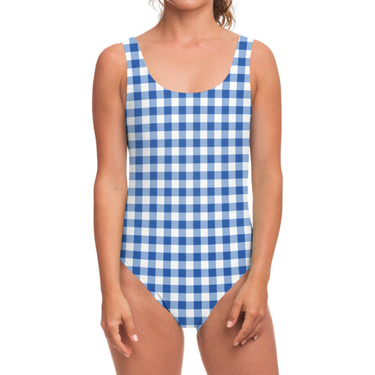 Sapphire Blue Check Pattern Print One Piece Swimsuit