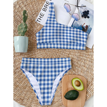 Sapphire Blue Check Pattern Print One Shoulder Bikini Top