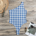 Sapphire Blue Check Pattern Print One Shoulder Bodysuit