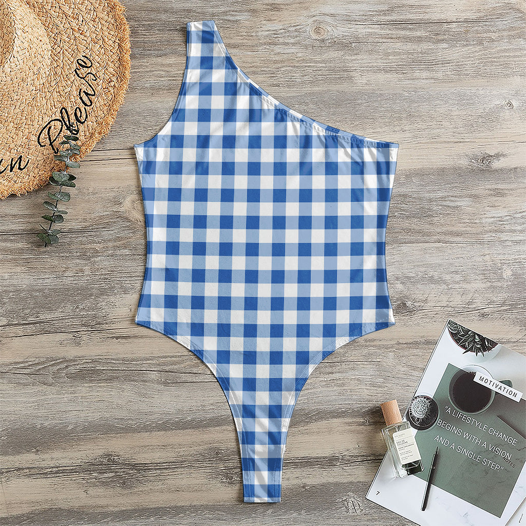 Sapphire Blue Check Pattern Print One Shoulder Bodysuit