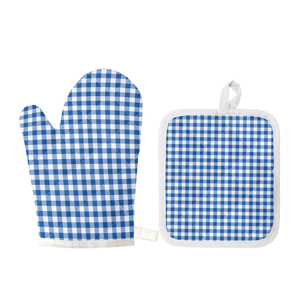 Sapphire Blue Check Pattern Print Oven Mitt And Pot Holder Set