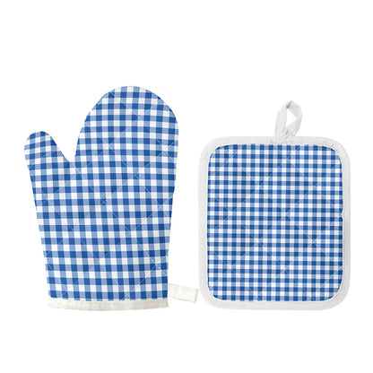 Sapphire Blue Check Pattern Print Oven Mitt And Pot Holder Set