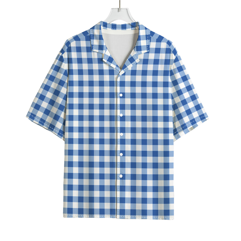 Sapphire Blue Check Pattern Print Rayon Hawaiian Shirt