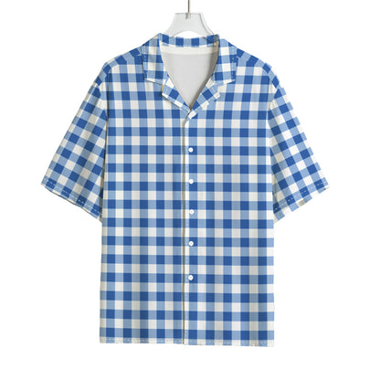 Sapphire Blue Check Pattern Print Rayon Hawaiian Shirt