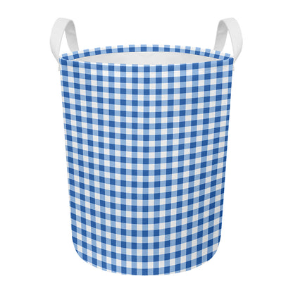 Sapphire Blue Check Pattern Print Round Laundry Basket