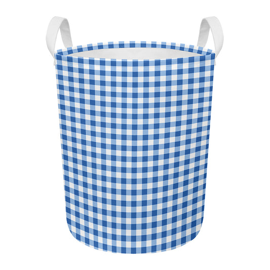 Sapphire Blue Check Pattern Print Round Laundry Basket