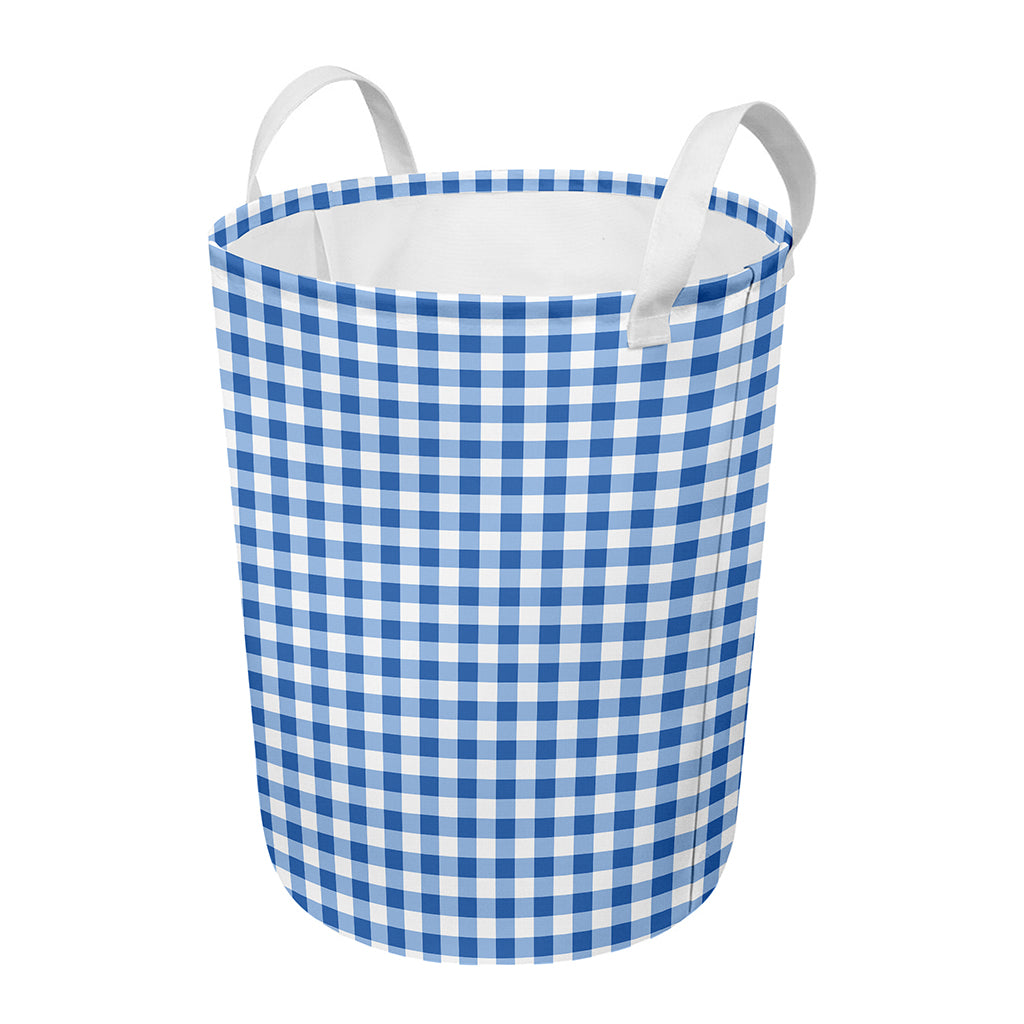 Sapphire Blue Check Pattern Print Round Laundry Basket