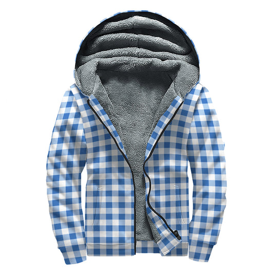 Sapphire Blue Check Pattern Print Sherpa Lined Zip Up Hoodie