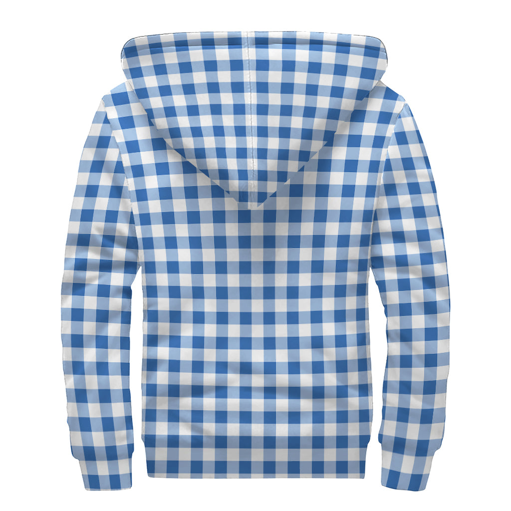 Sapphire Blue Check Pattern Print Sherpa Lined Zip Up Hoodie