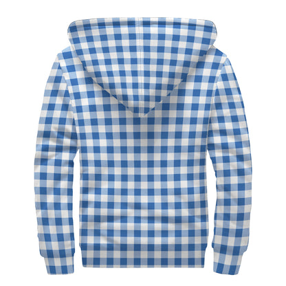 Sapphire Blue Check Pattern Print Sherpa Lined Zip Up Hoodie